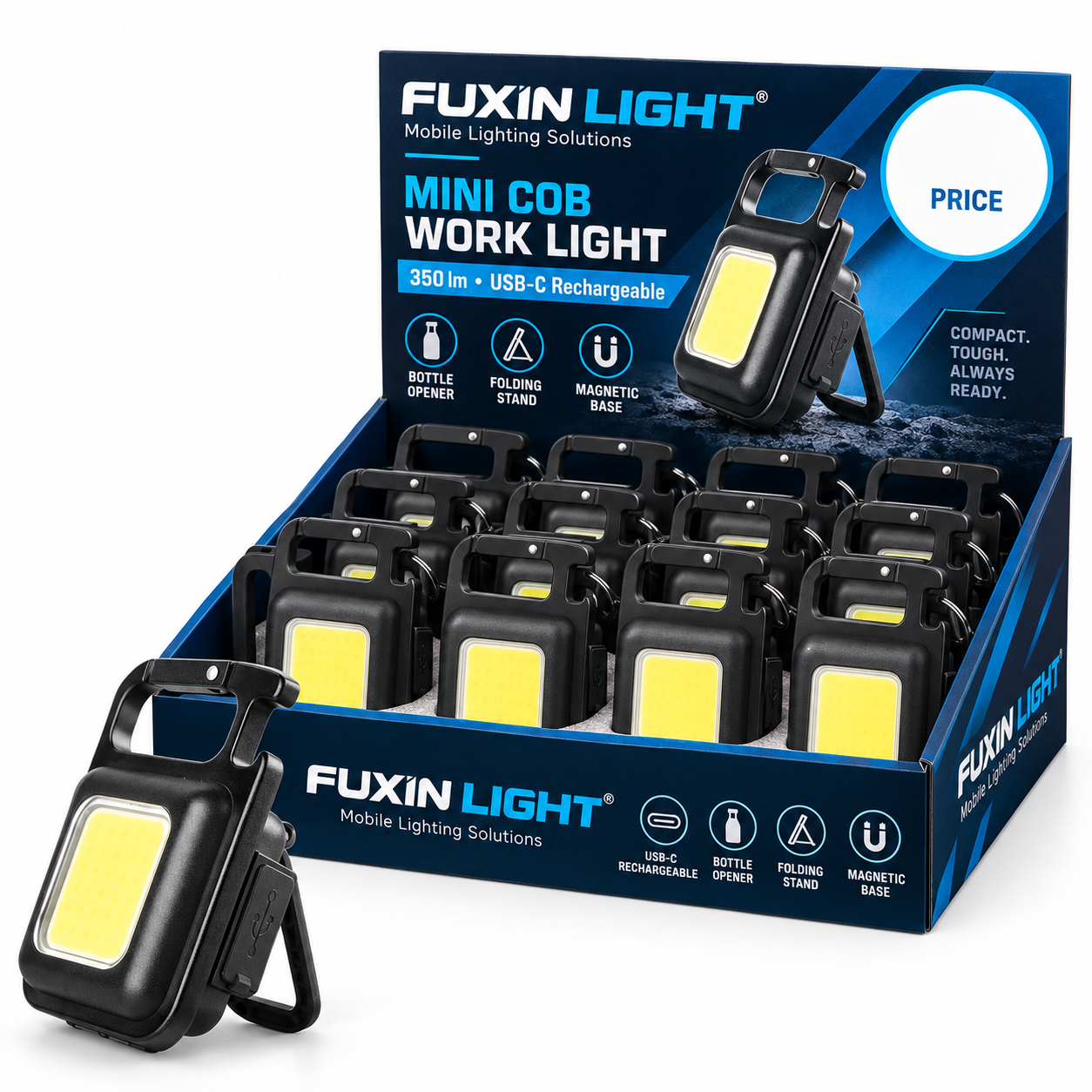 FUXIN LIGHT branded J031 mini COB rechargeable work light 12-piece retail display box