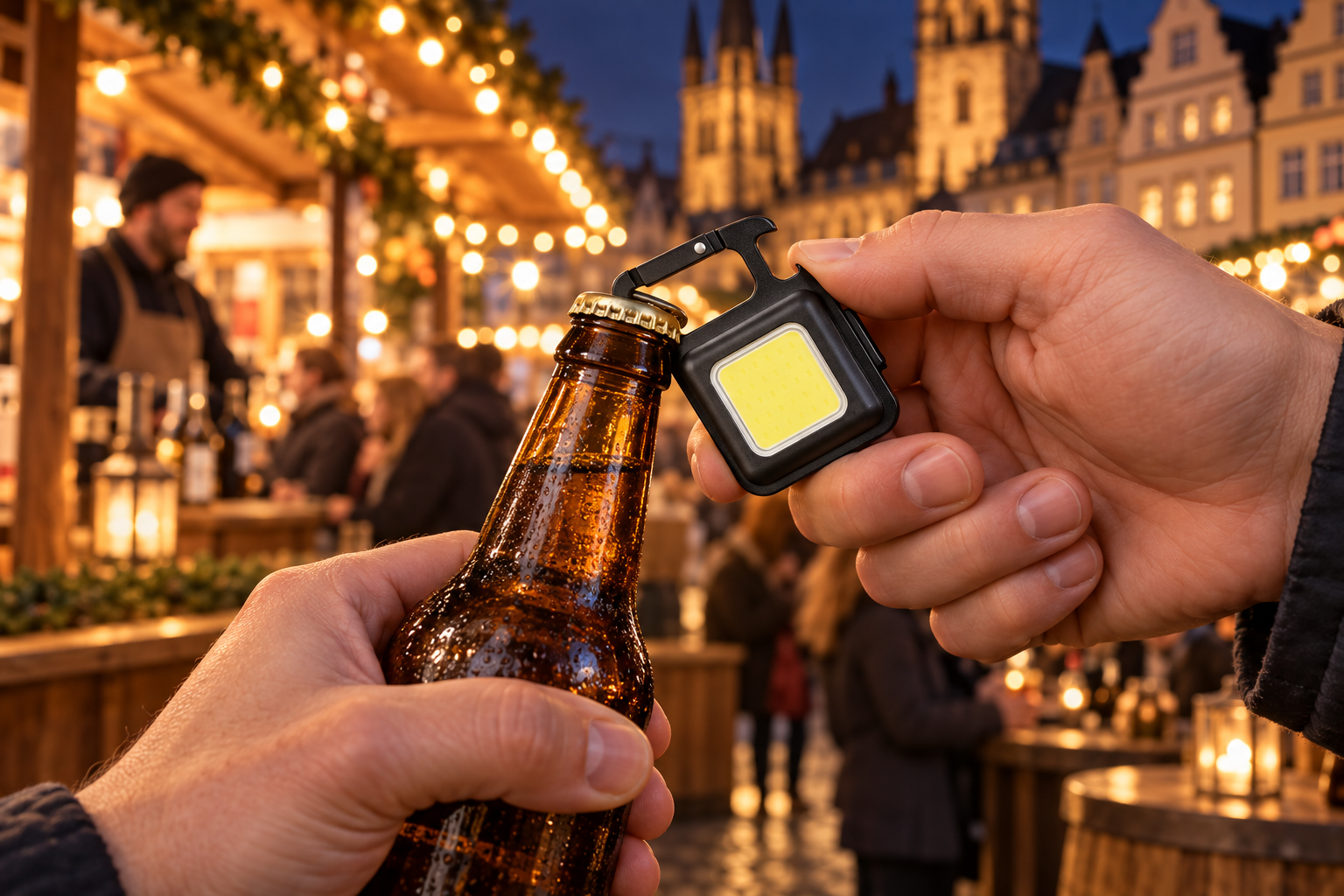 J031 mini rechargeable work light used as a bottle opener during a night activity
